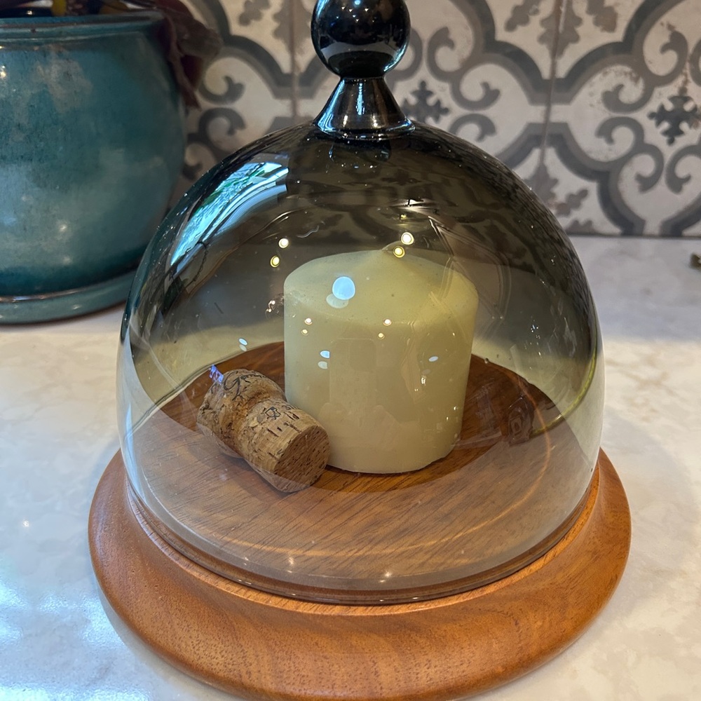 Mid-Century Modern Smoky Glass Dome Cloche with Wooden Base-EUC - Picture 9 of 9